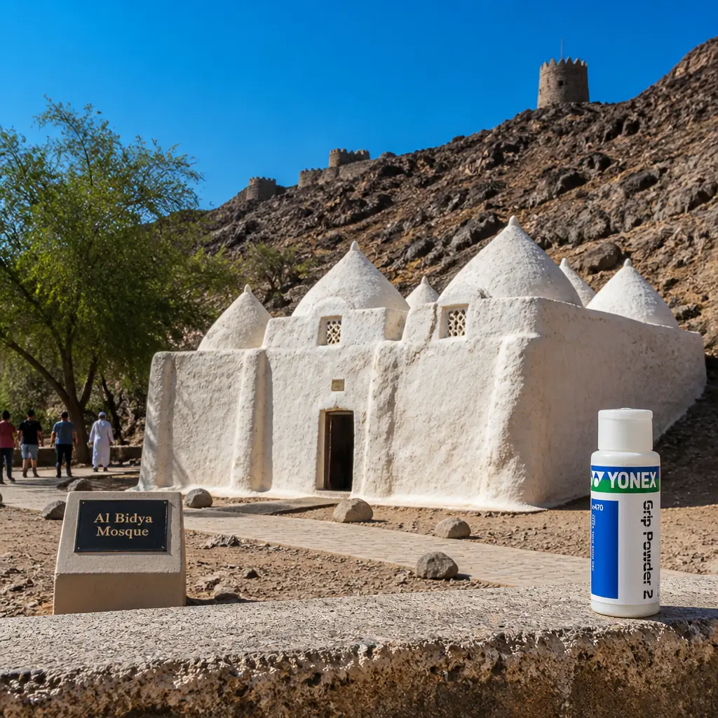 cardio tennis Rio Vista โ Al Bidya Mosque in Fujairah, A tiny ancient mosque of whitewashed stone and mud with four squat pointed domes and no minaret, set against a rocky hillside with watchtowers above, north of Fujairah city