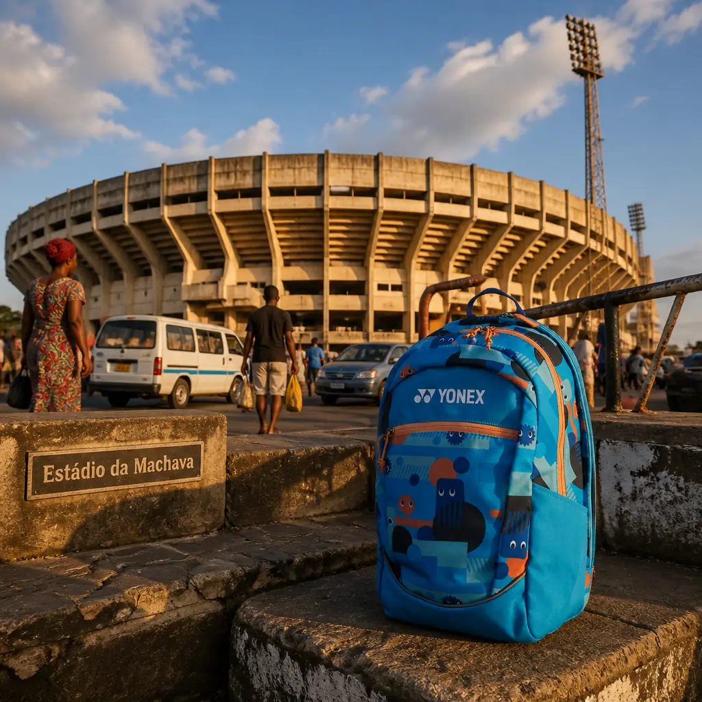 cardio tennis River Oaks — Estádio da Machava in Matola, A vast weathered concrete bowl stadium in the Machava district of Matola, its sweeping open terraces and floodlight pylons rising over low suburban rooftops