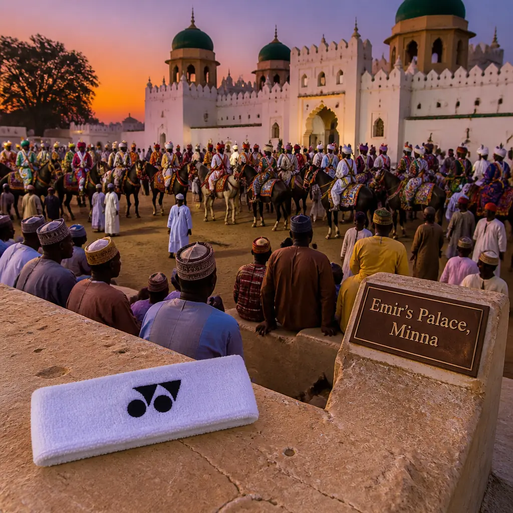 cardio tennis sessions Fort Lauderdale — Emir's Palace, Minna in Minna, A stately Hausa-style palace with whitewashed walls, arched gatehouse, and green-domed turrets, horsemen in embroidered robes gathered before it during a durbar