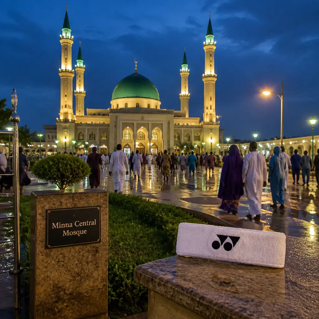 cardio tennis sessions Fort Lauderdale — Minna Central Mosque in Minna, A grand mosque with a broad green dome and slender minarets rising above the city's rooftops, worshippers in flowing robes crossing its wide forecourt