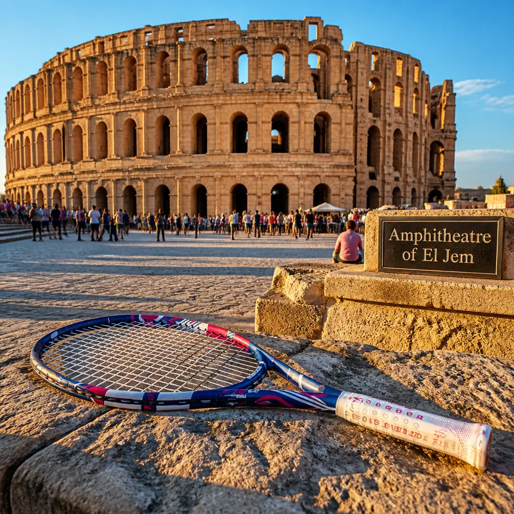 cardio tennis Sunrise Intracoastal — Amphitheatre of El Jem in El Djem, A colossal three-tiered oval of golden limestone arches rising abruptly above the low white houses of a small town on a flat plain, with tiers of stone seating inside and vaulted passages beneath the arena floor