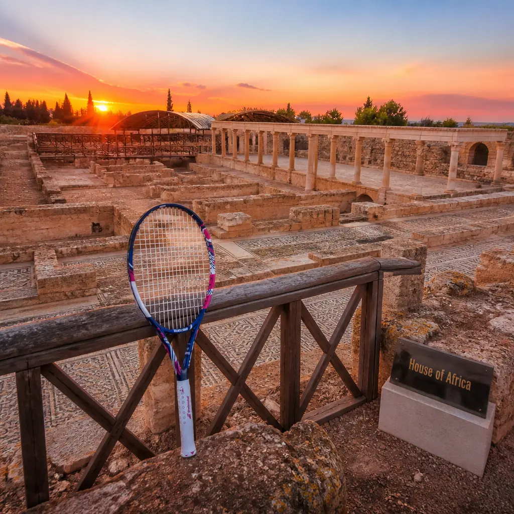 cardio tennis Sunrise Intracoastal — House of Africa in El Djem, The excavated floor plan of a large Roman villa, with low stone wall stubs outlining rooms around a colonnaded courtyard, and intricate polychrome mosaic pavements laid bare under open sky and shelters