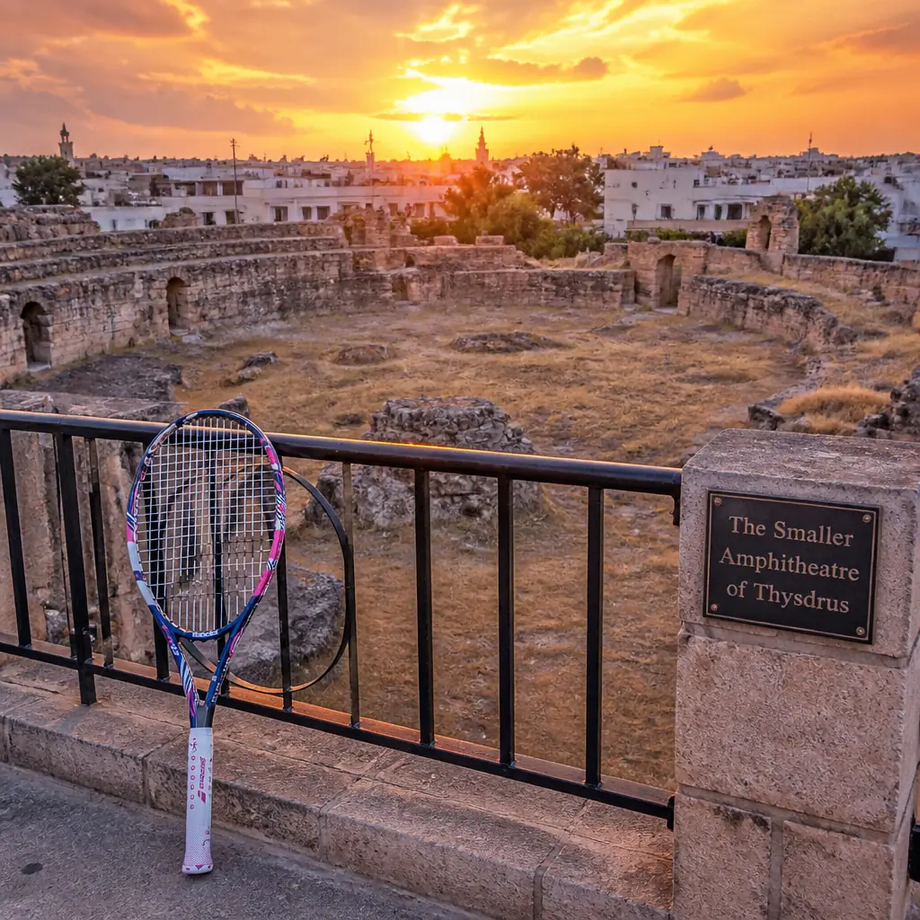 cardio tennis Sunrise Intracoastal — The Smaller Amphitheatre of Thysdrus in El Djem, A shallow oval depression ringed by broken stone walls and low arcade stubs, partly overgrown with dry grass, sitting in open ground on the edge of the town away from the great arena