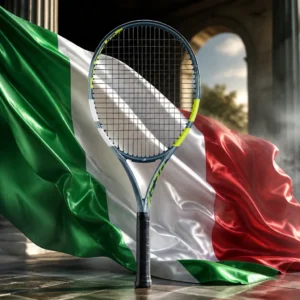 cardio tennis to help with happiness — the Babolat Evo Aero Tennis Racquet combined with the national flag of Italy