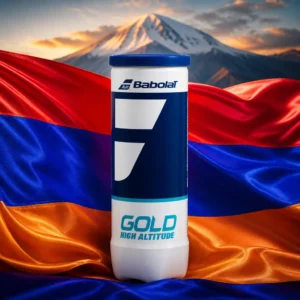 cardio tennis to help with mindfulness — the Babolat Gold High Altitude Tennis Ball Can combined with the national flag of Armenia
