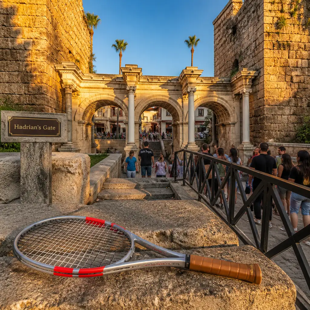 cardio tennis workout Croissant Park — Hadrian's Gate in Antalya, Triple-arched white marble Roman gateway with flanking towers, set into the old city wall on Atatürk Caddesi in Kaleiçi
