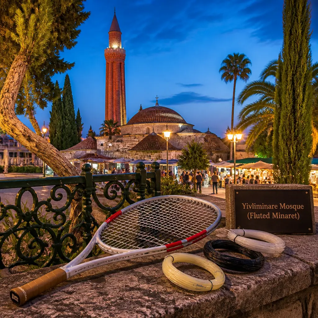 cardio tennis workout Croissant Park — Yivliminare Mosque (Fluted Minaret) in Antalya, Tall red-brick minaret with eight fluted half-columns rising above the Kaleiçi old town, beside its mosque