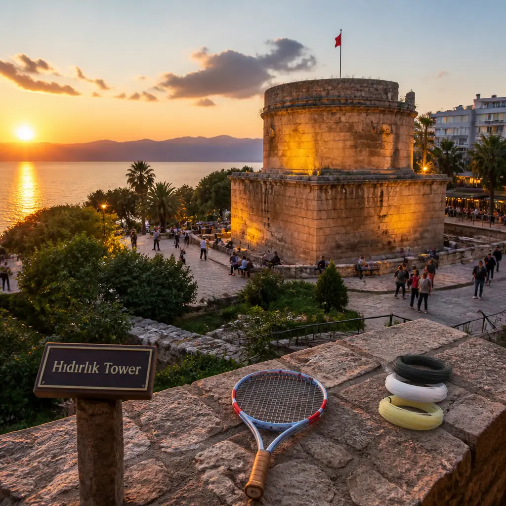 cardio tennis workout Croissant Park — Hıdırlık Tower in Antalya, Squat round stone Roman tower on a square base at the edge of Karaalioğlu Park, above the cliffs at the end of Kaleiçi