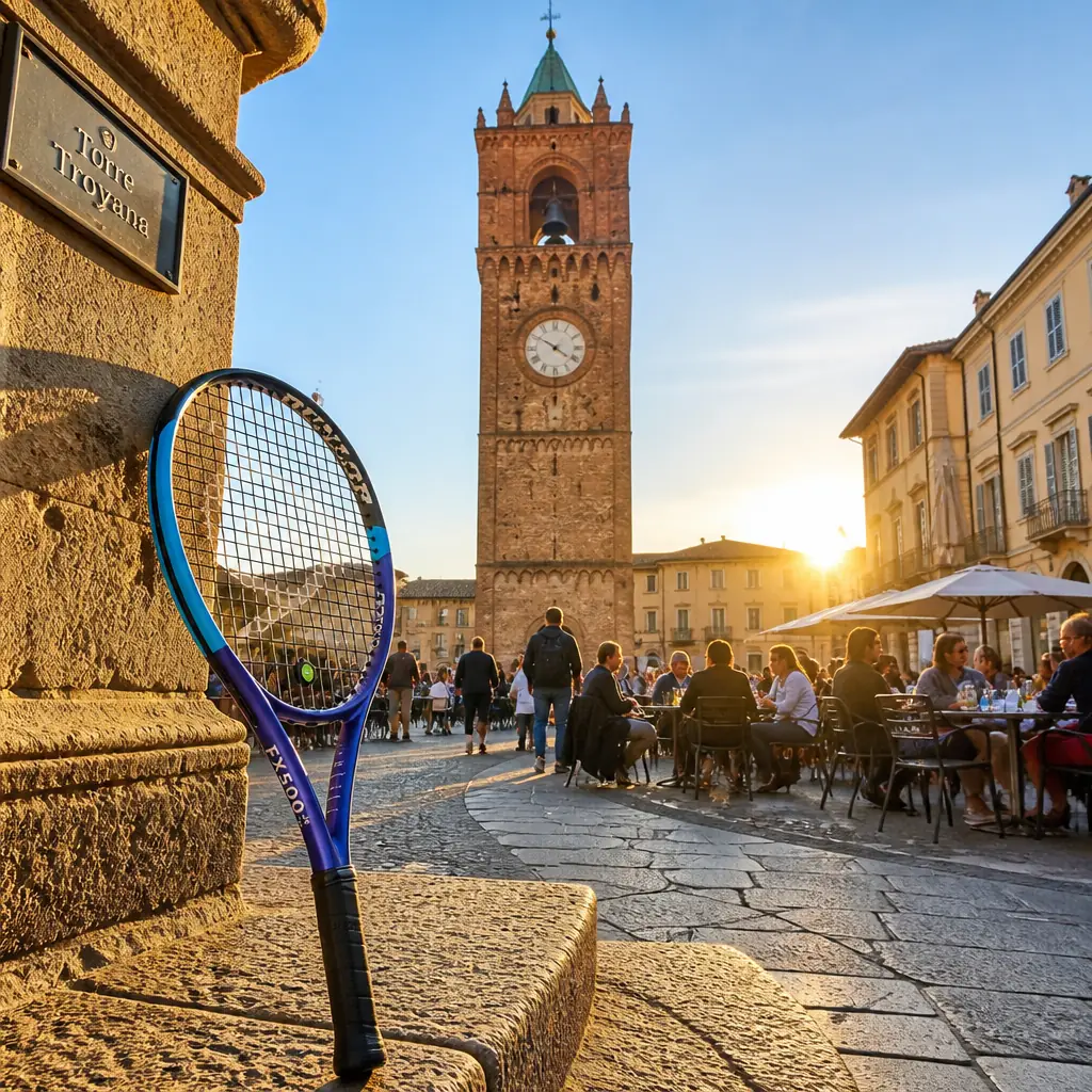 cardio tennis workout Riverland — Torre Troyana in Asti, Also called the Torre dell'Orologio: a tall square medieval brick tower with an open bell stage and clock, rising over Piazza Medici in central Asti