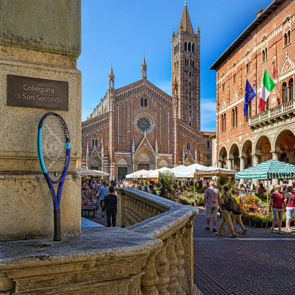 cardio tennis workout Riverland — Collegiata di San Secondo in Asti, Romanesque-Gothic collegiate church of striped brick with a tall bell tower, on Piazza San Secondo beside Asti's town hall; crypt below the altar