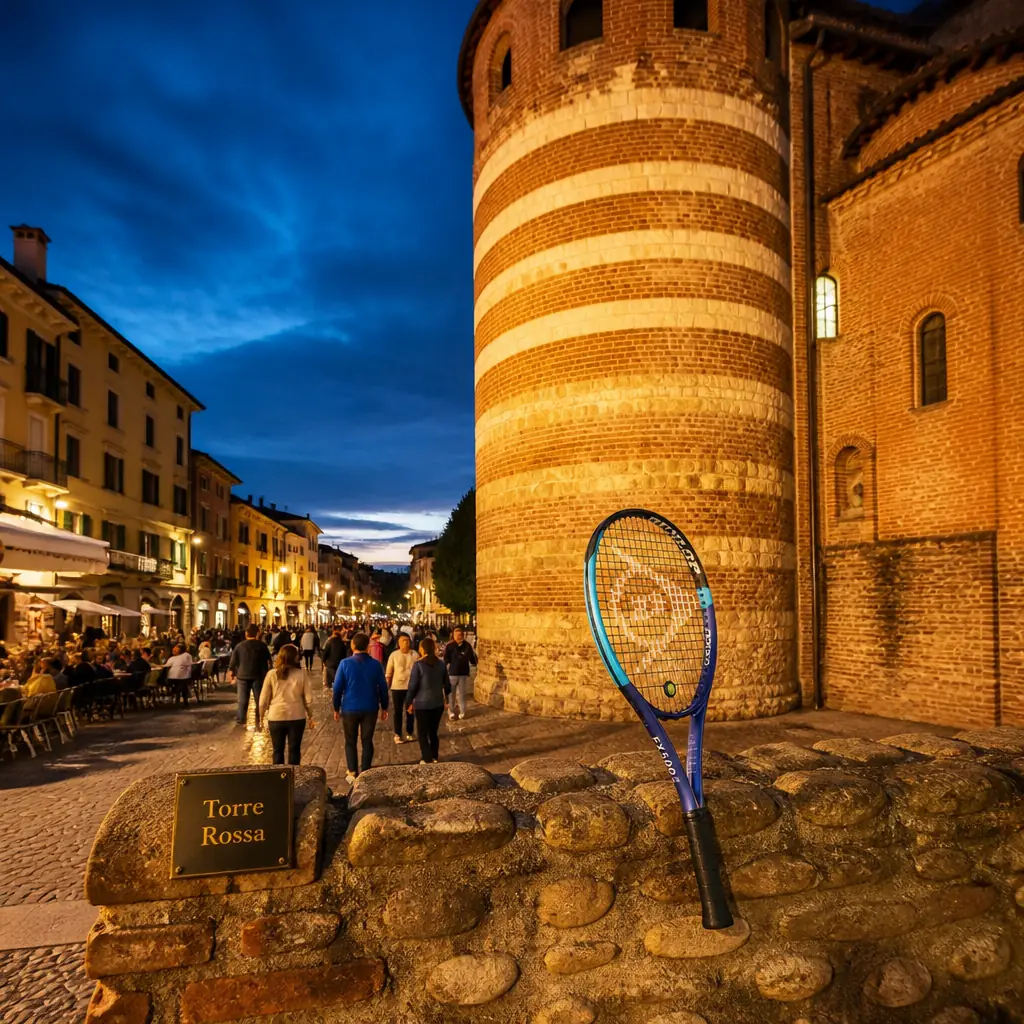 cardio tennis workout Riverland — Torre Rossa in Asti, Cylindrical tower of alternating red brick and pale stone bands beside the church of Santa Caterina in western Asti; Roman masonry at the base, later upper storey