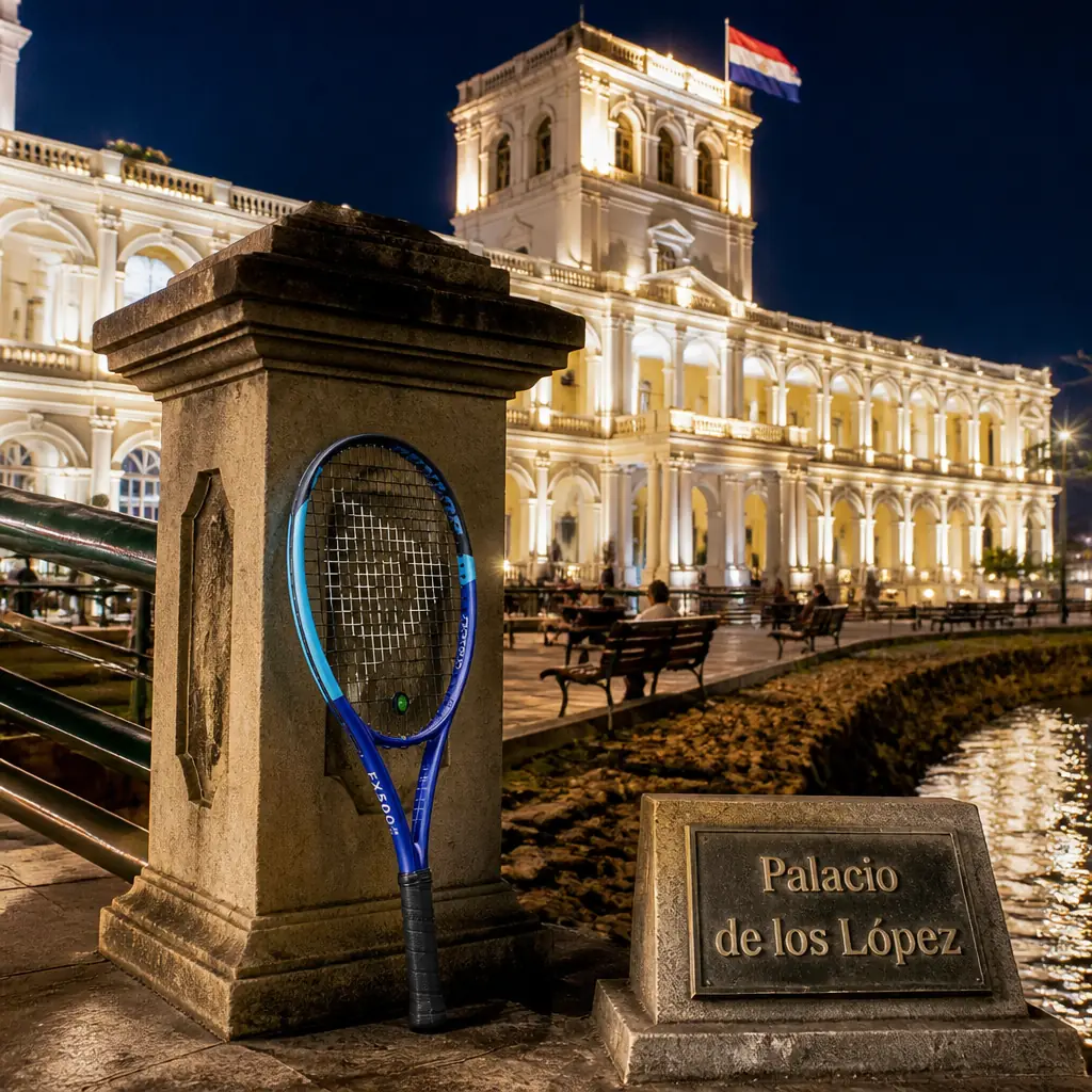 cardio tennis workout Riverside Park — Palacio de los López in Asunción, White colonnaded neoclassical presidential palace on the Asunción waterfront, floodlit at night, facing the Paraguay river