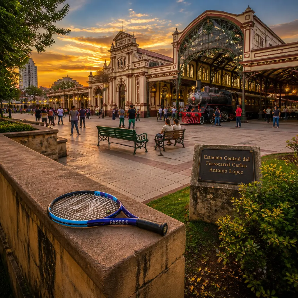 cardio tennis workout Riverside Park — Estación Central del Ferrocarril Carlos Antonio López in Asunción, Ornate 19th-century railway station in central Asunción with an iron-and-glass train shed, housing a preserved wood-burning steam locomotive