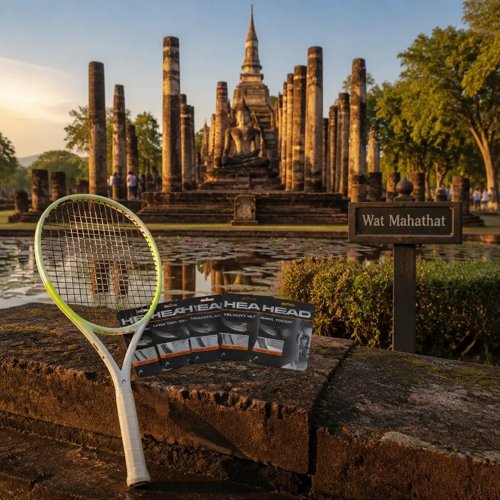 cardio training — Wat Mahathat in Sukhothai, A wide platform of brick and laterite ruins in a reflecting pond, with rows of tall columns, a lotus-bud shaped central spire, and a large seated stone Buddha in the open surrounded by lotus flowers