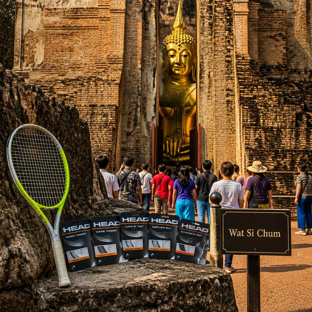 cardio training — Wat Si Chum in Sukhothai, A tall square brick enclosure with a narrow vertical slot in its front wall, through which an enormous seated Buddha's gilded face and long-fingered hand are visible, filling the whole interior