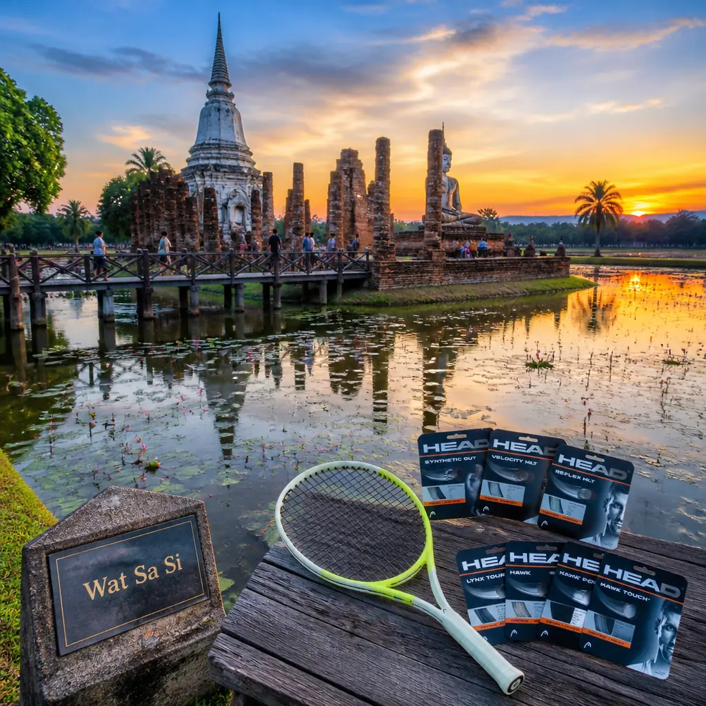 cardio training — Wat Sa Si in Sukhothai, A small brick temple on an island in a lake, with a bell-shaped white stupa, a row of leaning columns and a seated Buddha under open sky, reached by a low bridge across still water with lotus pads