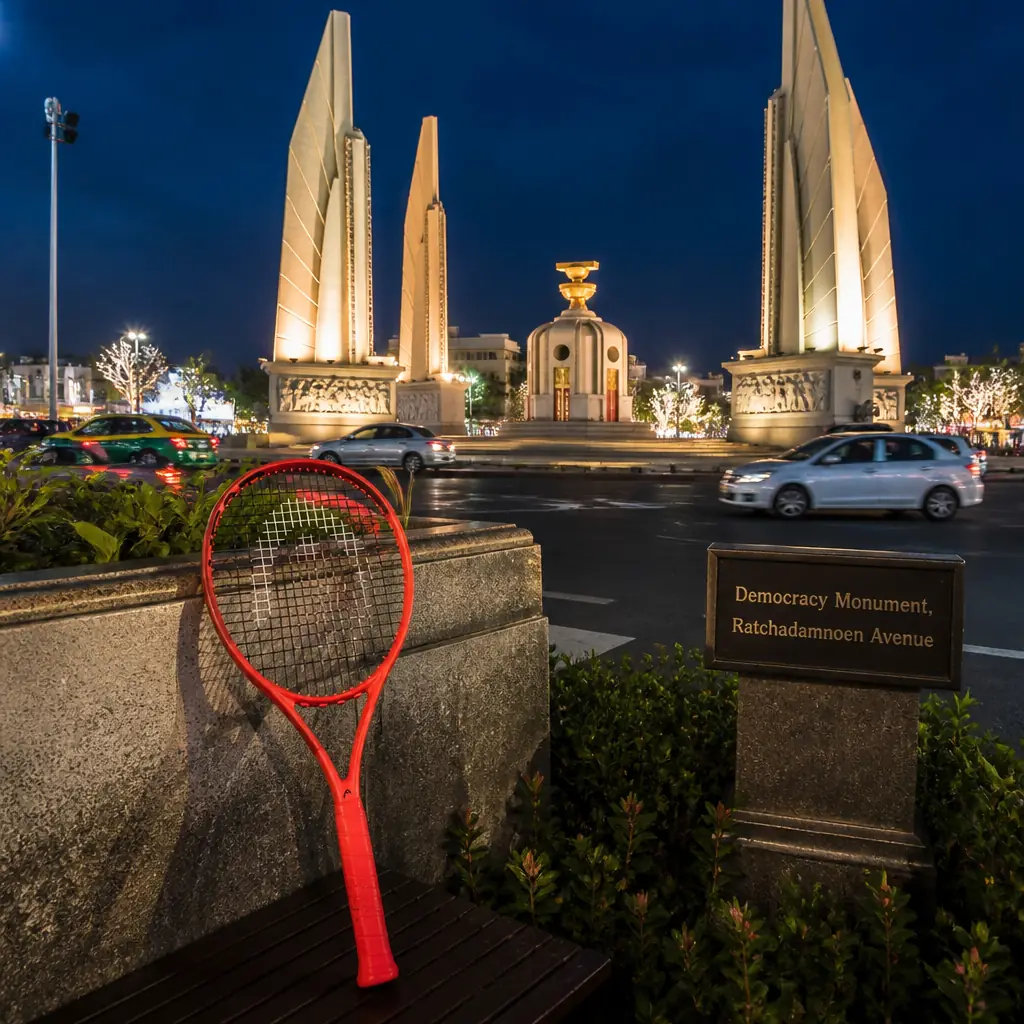 cardio workout Fort Lauderdale — Democracy Monument, Ratchadamnoen Avenue in Bangkok, Four tall winged concrete pylons around a central pedestal holding a golden tray, in the middle of Ratchadamnoen Klang road