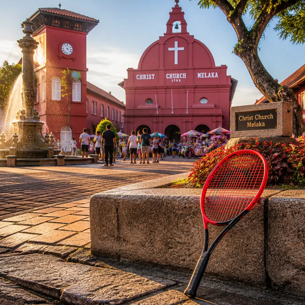 cardiovascular camp — Christ Church Melaka in Malacca City, A rectangular Dutch colonial church painted deep brick red with white trim, a plain rendered facade with a small belfry, and a red clock tower and fountain on the square in front