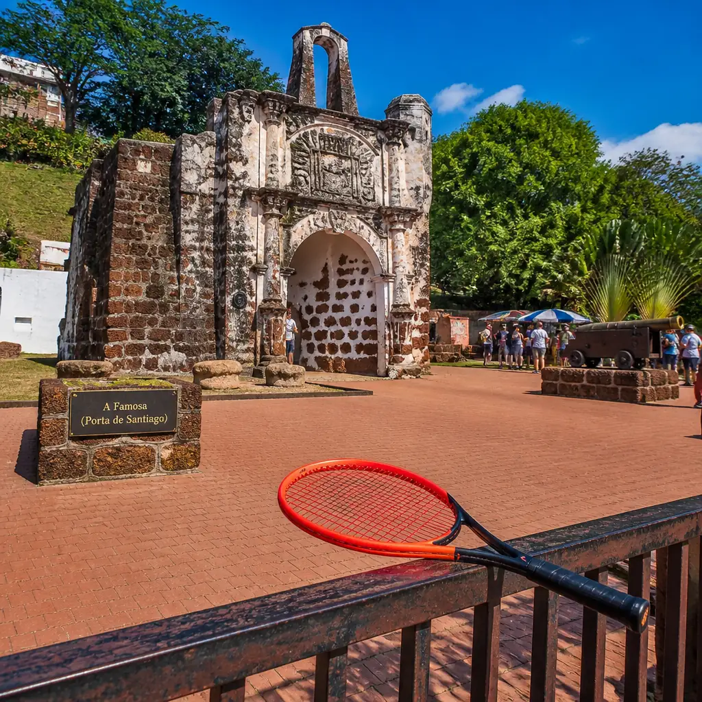 cardiovascular camp — A Famosa (Porta de Santiago) in Malacca City, A single weathered stone gateway of rough laterite blocks with a rounded arch and a carved crest above it, standing alone on a grassy slope beneath a hill, all that remains of a vanished fortress