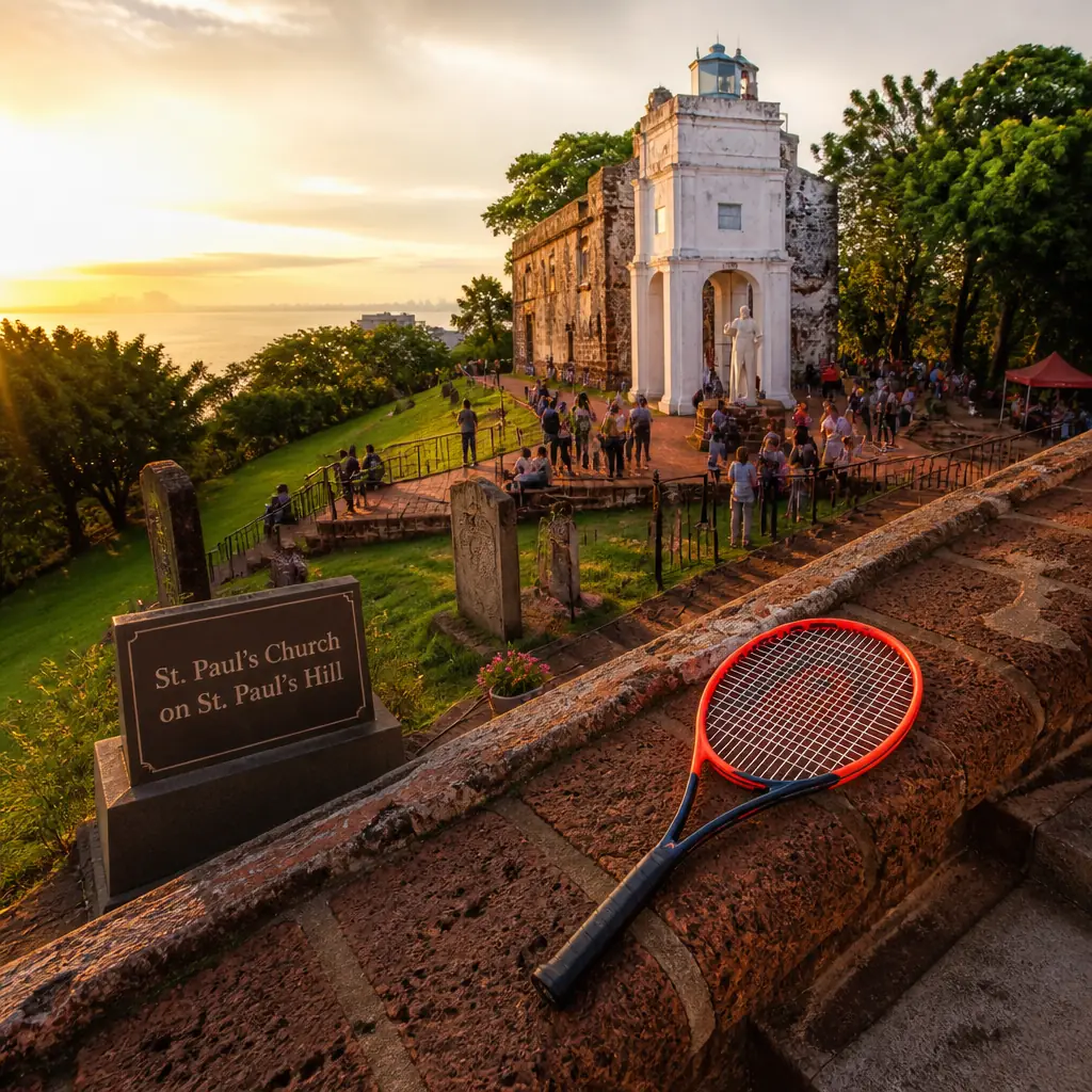 cardiovascular camp — St. Paul's Church on St. Paul's Hill in Malacca City, The roofless shell of a stone church with high empty window openings and grass growing inside, standing on a hilltop among leaning carved tombstones, with a statue of a missionary at the entrance