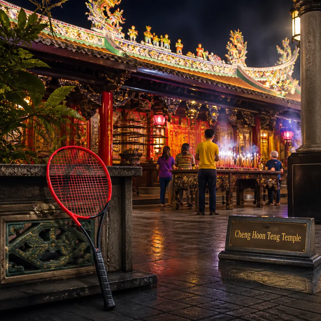 cardiovascular camp — Cheng Hoon Teng Temple in Malacca City, A Chinese temple with a swooping ridged roof crowded with coloured ceramic dragons and figures, red timber columns, gilded carving, and smoking coils of incense hanging over a stone-paved forecourt