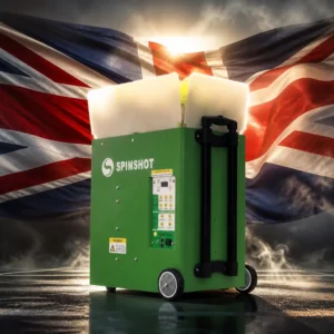 cardiovascular lesson — the Spinshot Player Plus Tennis Ball Machine combined with the national flag of United Kingdom