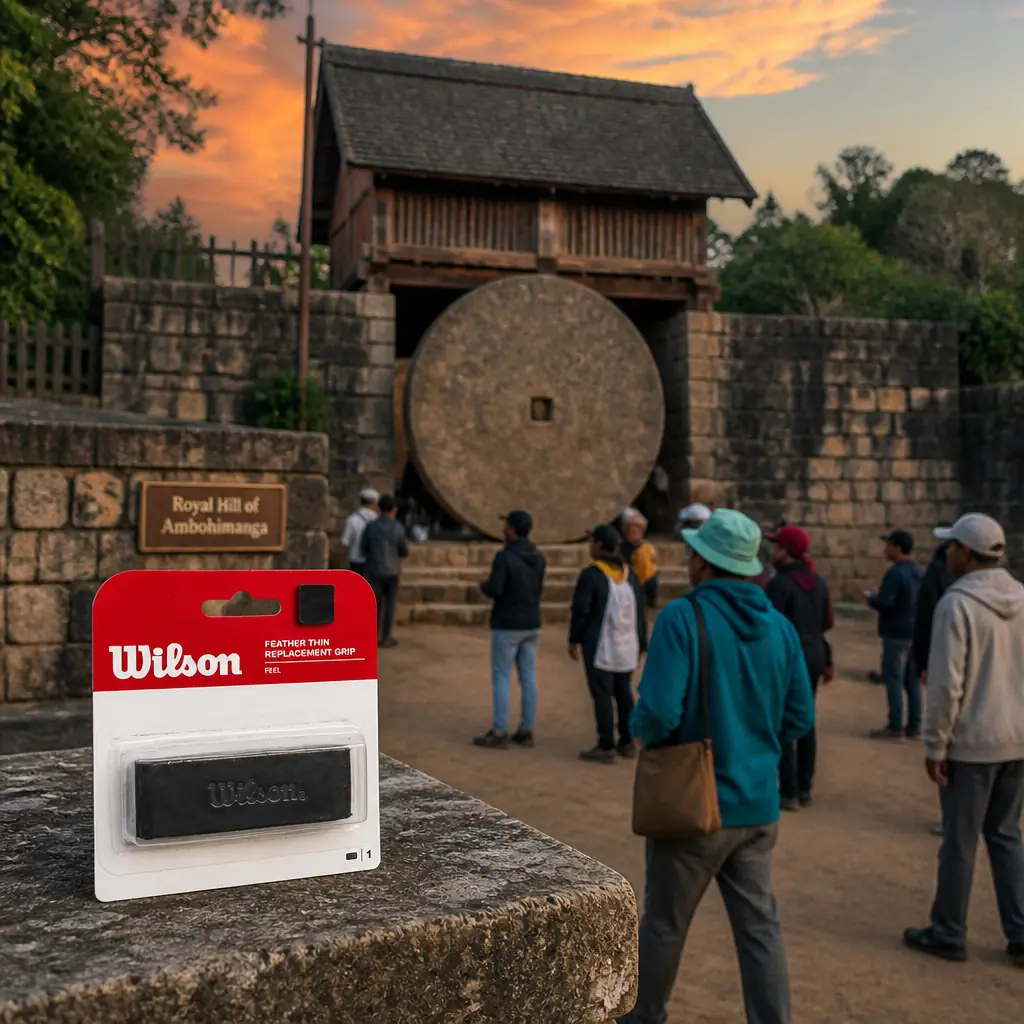 cardiovascular tennis classes 33323 — Royal Hill of Ambohimanga in Antananarivo, A hilltop compound of dark timber houses with steep shingled roofs inside massive stone walls, entered through a gateway blocked by an enormous circular stone disc, surrounded by dense sacred forest