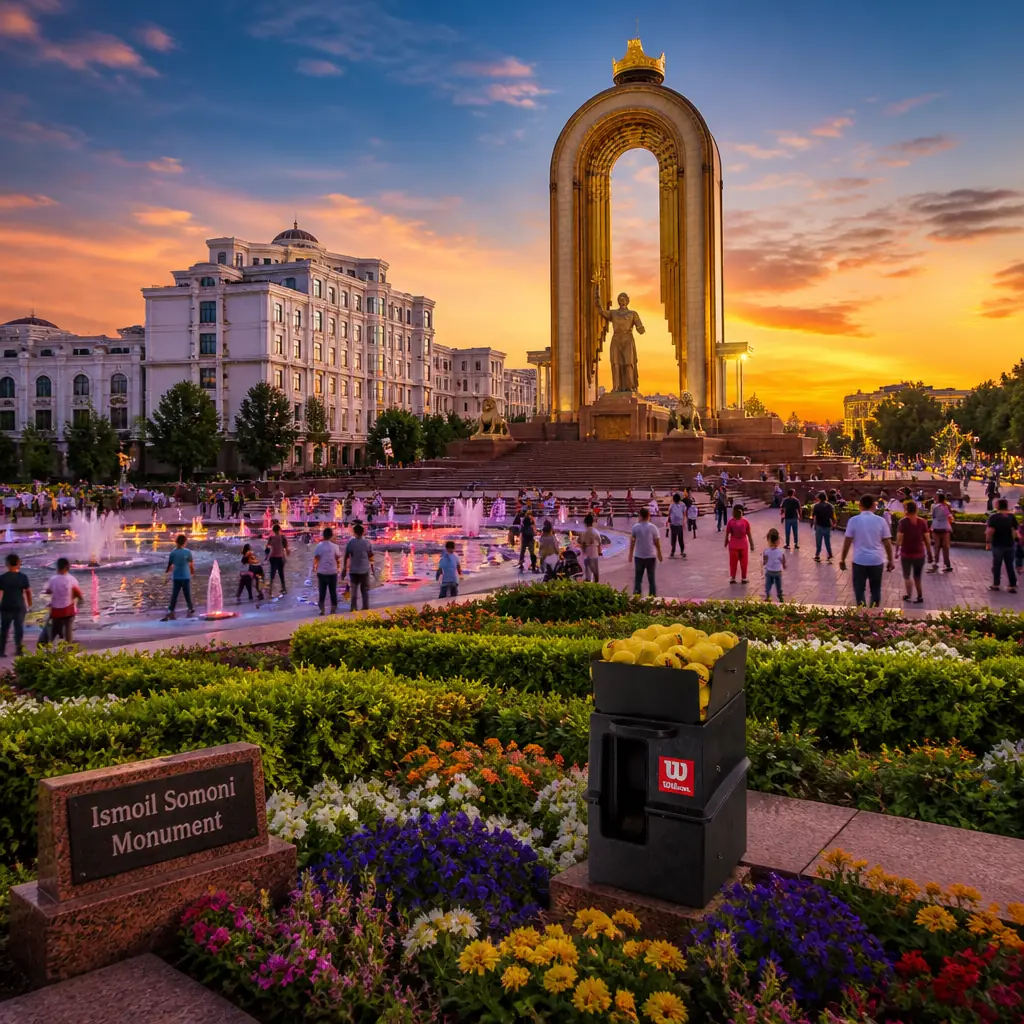 cardiovascular tennis classes 33327 — Ismoil Somoni Monument in Dushanbe, Golden crowned arch on Dousti Square in central Dushanbe, with a gilded statue of the Samanid ruler standing beneath it