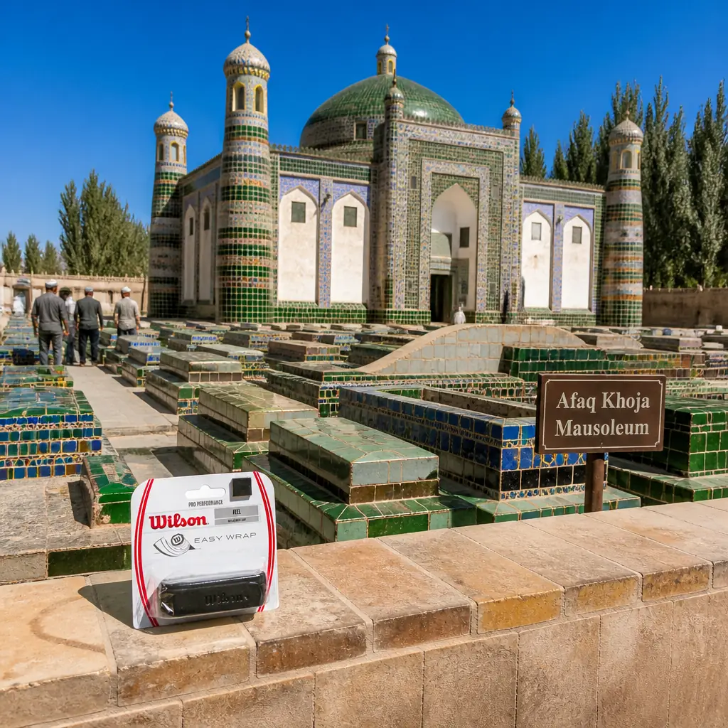 cardiovascular tennis classes 33388 — Afaq Khoja Mausoleum in Kashgar, A domed mausoleum faced in green and blue glazed tile with four slender corner minarets, set among poplars and a walled graveyard of low tiled tombs on the city's edge