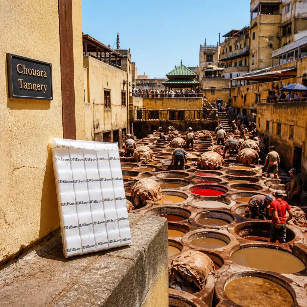 cardiovascular tennis classes in 33004 — Chouara Tannery in Fez, Large courtyard of stone dyeing pits filled with white and coloured liquids in the Fes el-Bali medina, overlooked by leather shop terraces
