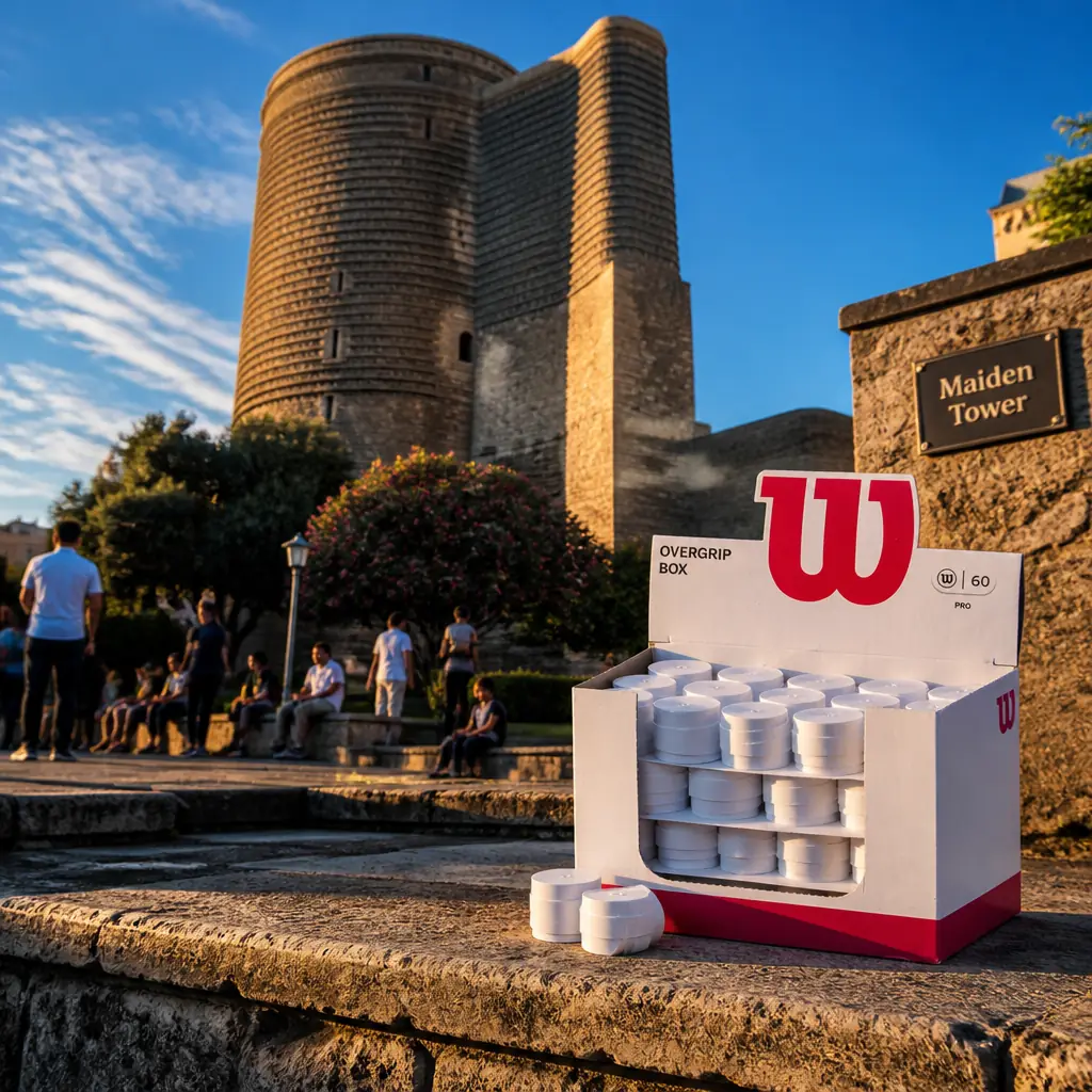cardiovascular tennis classes in 33009 — Maiden Tower in Baku, A thick stone cylinder with a curious buttress projecting from one side, rising eight storeys of rough grey masonry above the walled old town, with a viewing platform on top