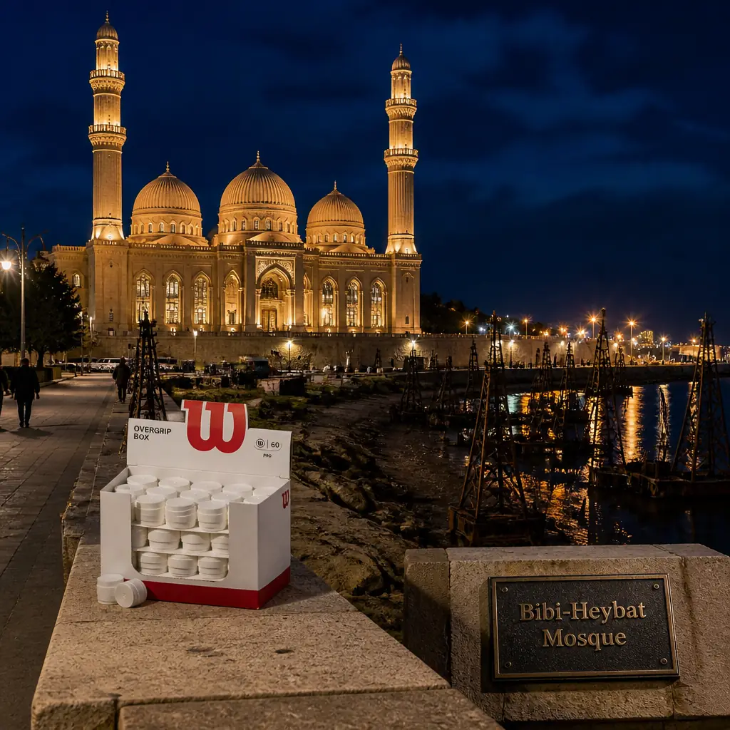 cardiovascular tennis classes in 33009 — Bibi-Heybat Mosque in Baku, A pale stone mosque with two slim fluted minarets and three ribbed domes standing on a bluff above the Caspian, its shoreline below crowded with rusting oil derricks