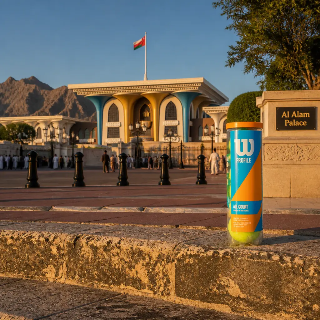cardiovascular tennis classes in 33020 — Al Alam Palace in Muscat, A low ceremonial palace with a flat roof carried on flared columns of brilliant blue and gold, facing a formal forecourt of palms between bare brown mountains and the sea