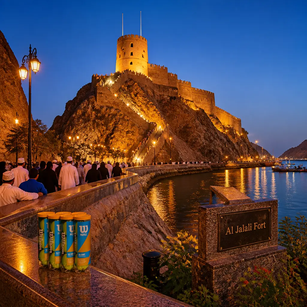 cardiovascular tennis classes in 33020 — Al Jalali Fort in Muscat, A pale stone fort perched on a jagged rock above the harbour entrance, its round tower and battlemented walls reached by a long external stair cut into the cliff