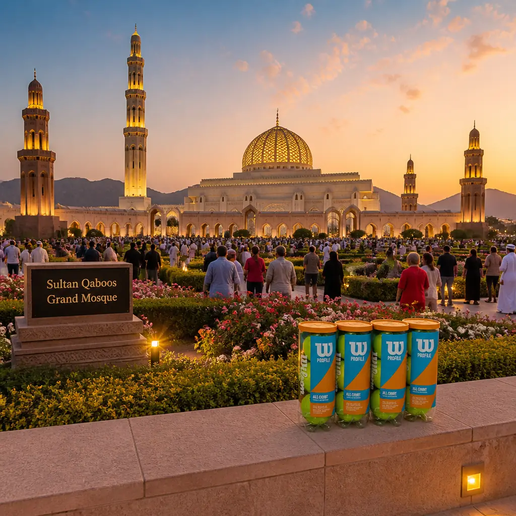 cardiovascular tennis classes in 33020 — Sultan Qaboos Grand Mosque in Muscat, A vast pale sandstone mosque with one tall central dome and five minarets, its prayer hall floored by a single enormous carpet beneath a crystal chandelier the size of a room