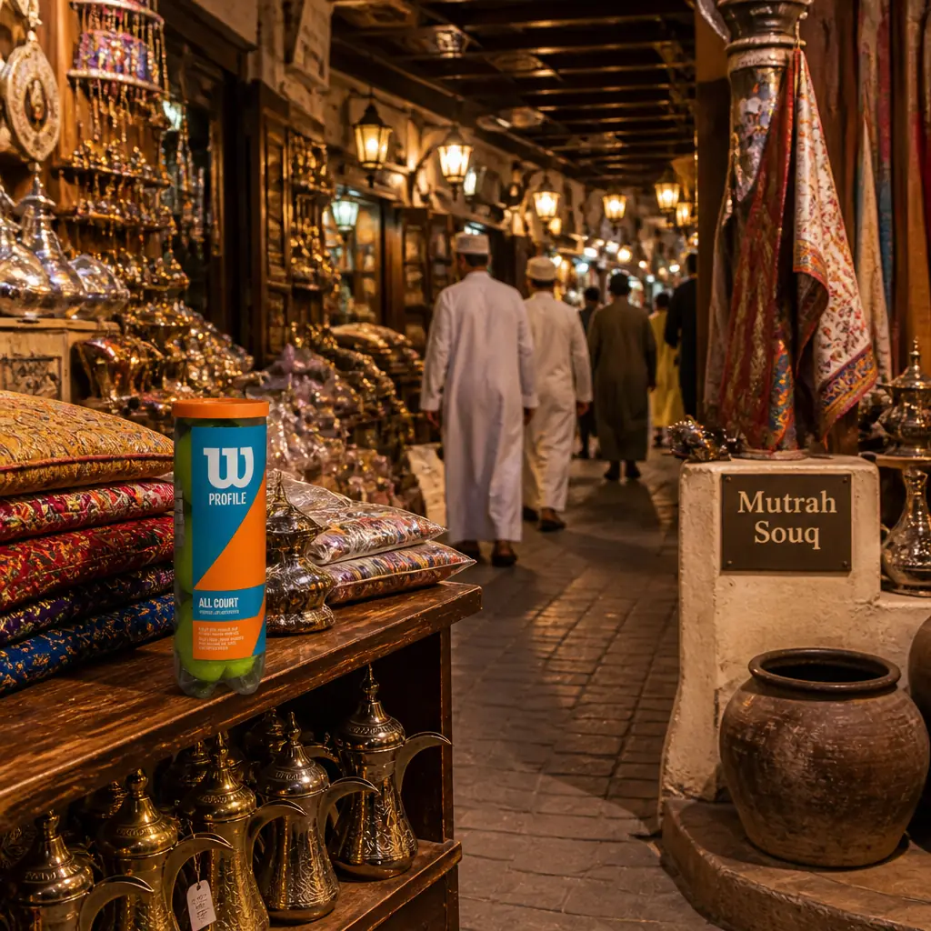 cardiovascular tennis classes in 33020 — Mutrah Souq in Muscat, A warren of covered lanes under carved wooden ceilings, hung with lamps and dense with frankincense smoke, silver khanjar daggers, textiles, and heaped spices, opening onto a seafront corniche