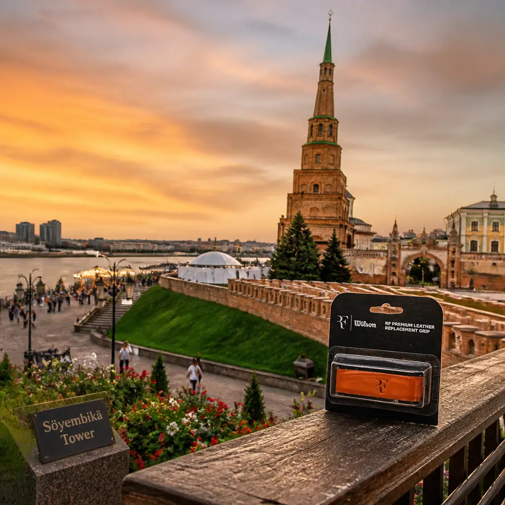 cardiovascular tennis classes in 33304 — Söyembikä Tower in Kazan, A tall red-brick tower of seven receding tiers topped by a green spire and gilded crescent, leaning visibly out of true above the fortress walls