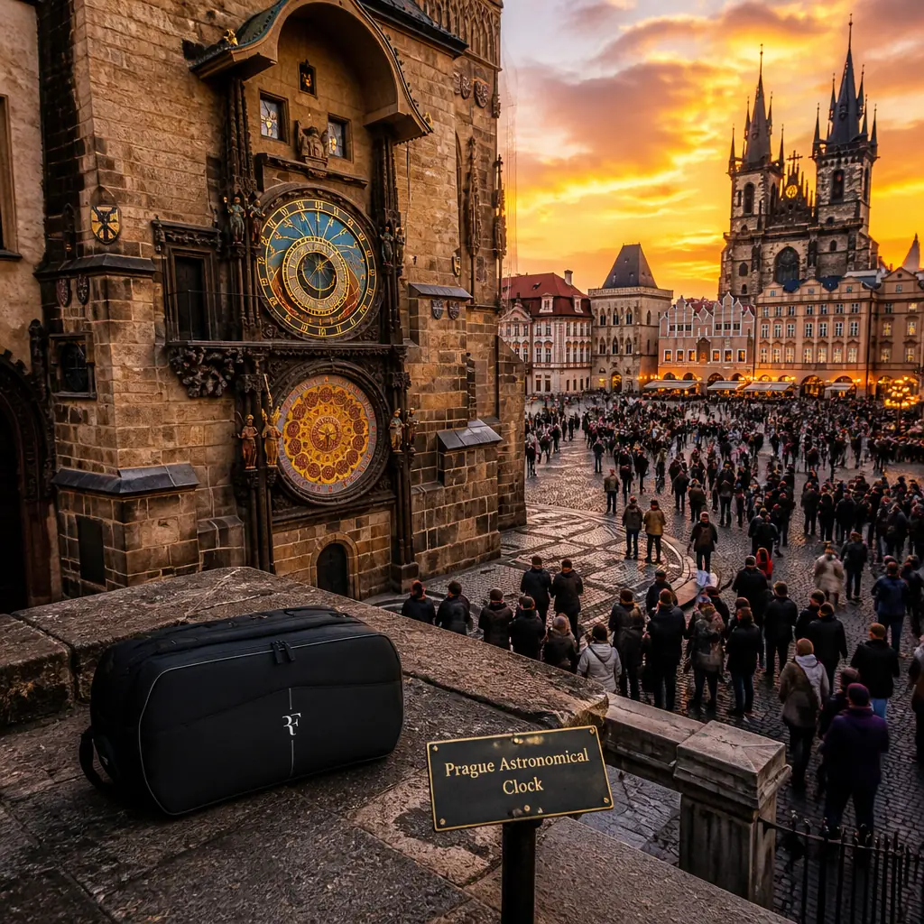 cardiovascular tennis classes in 33305 — Prague Astronomical Clock in Prague, An elaborate medieval clock face of gold and blue dials set into a stone tower wall, with a calendar disc below and carved figures that move as a skeleton pulls a bell rope