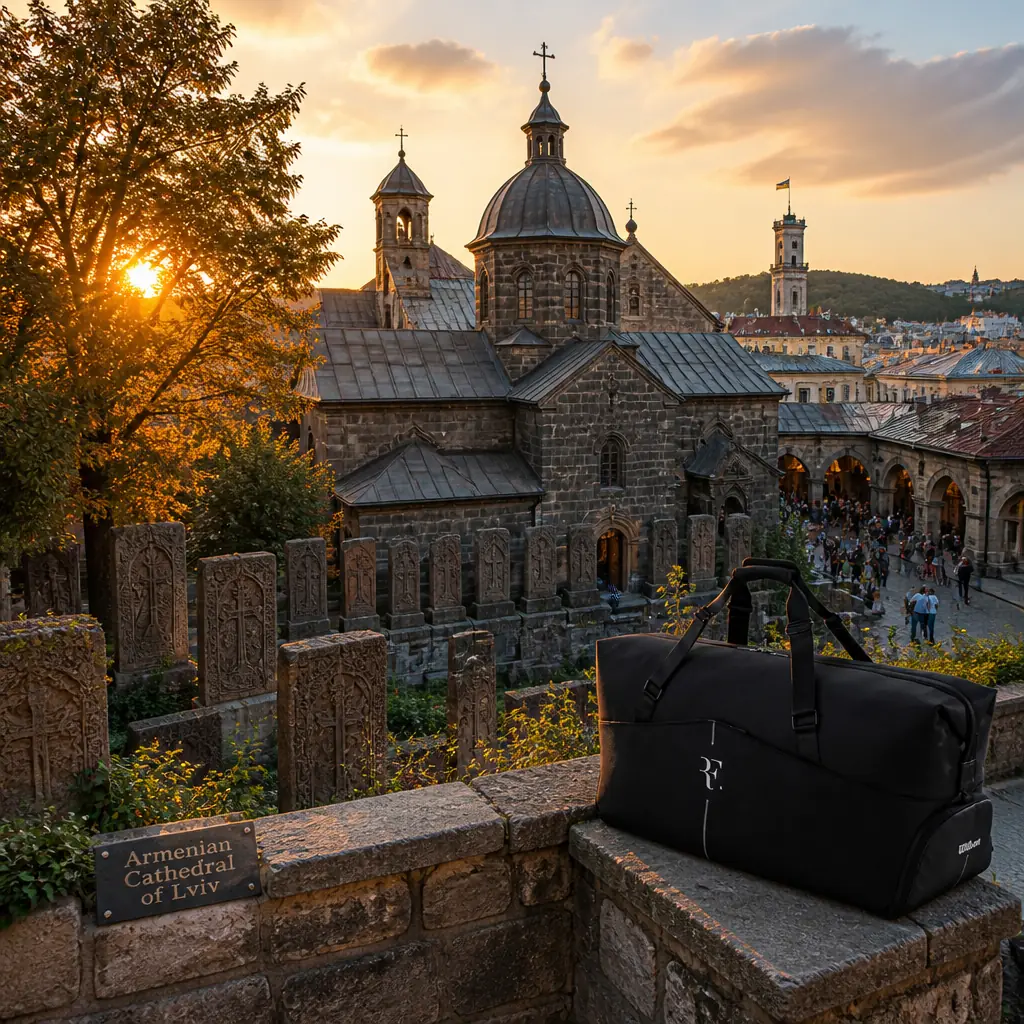 cardiovascular tennis classes in 33309 — Armenian Cathedral of Lviv in Lviv, A dark stone church with a low ribbed dome and an arcaded courtyard of carved khachkar stones, its interior covered in early twentieth-century murals in strong blues and golds