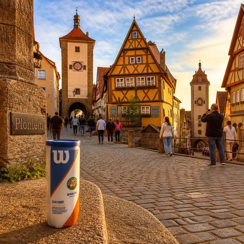 cardiovascular tennis classes in 33311 — Plönlein in Rothenburg ob der Tauber, A crooked yellow half-timbered house with a steep red roof standing at a fork where the cobbled street splits, flanked by two towers with pointed roofs and a fountain