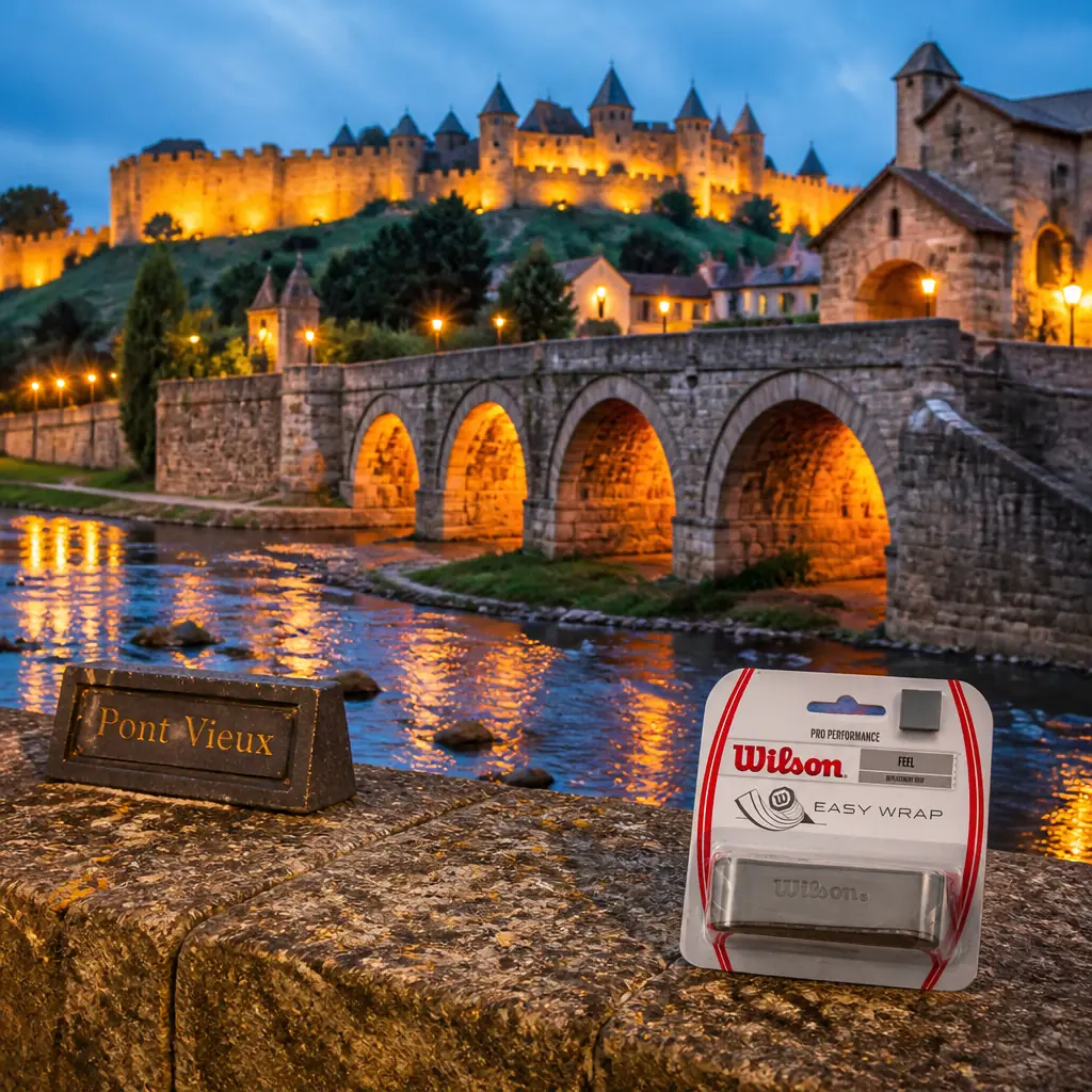 cardiovascular tennis classes in 33313 — Pont Vieux in Carcassonne, A low medieval stone bridge of many arches crossing a shallow river, with a small chapel at one end and the towered hilltop citadel rising behind it