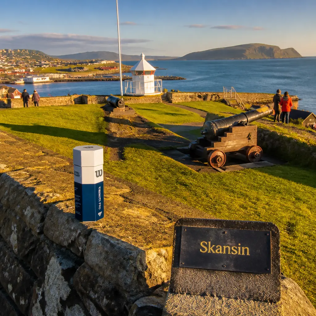 cardiovascular tennis classes in 33319 — Skansin in Tórshavn, A low grassy fort above the harbour entrance with stone ramparts, old iron cannon on wooden carriages, a small white lighthouse, and a view over the sound to Nólsoy