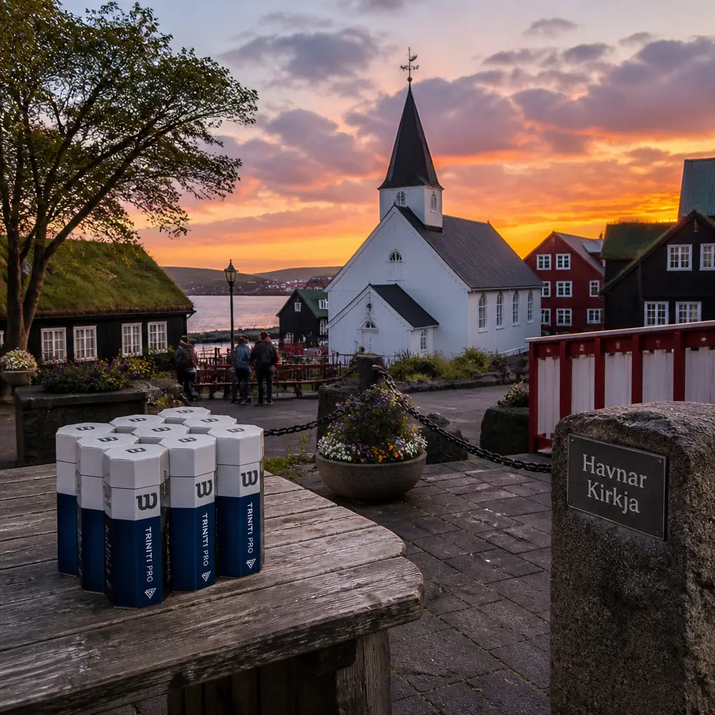 cardiovascular tennis classes in 33319 — Havnar Kirkja in Tórshavn, A white wooden church with a black roof and a slim black spire topped by a weathervane, standing among the old houses close to the water's edge