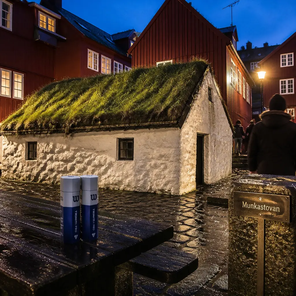 cardiovascular tennis classes in 33319 — Munkastovan in Tórshavn, A small squat building of very thick whitewashed stone walls with a grass-covered turf roof, standing low among the taller red timber houses of the old town