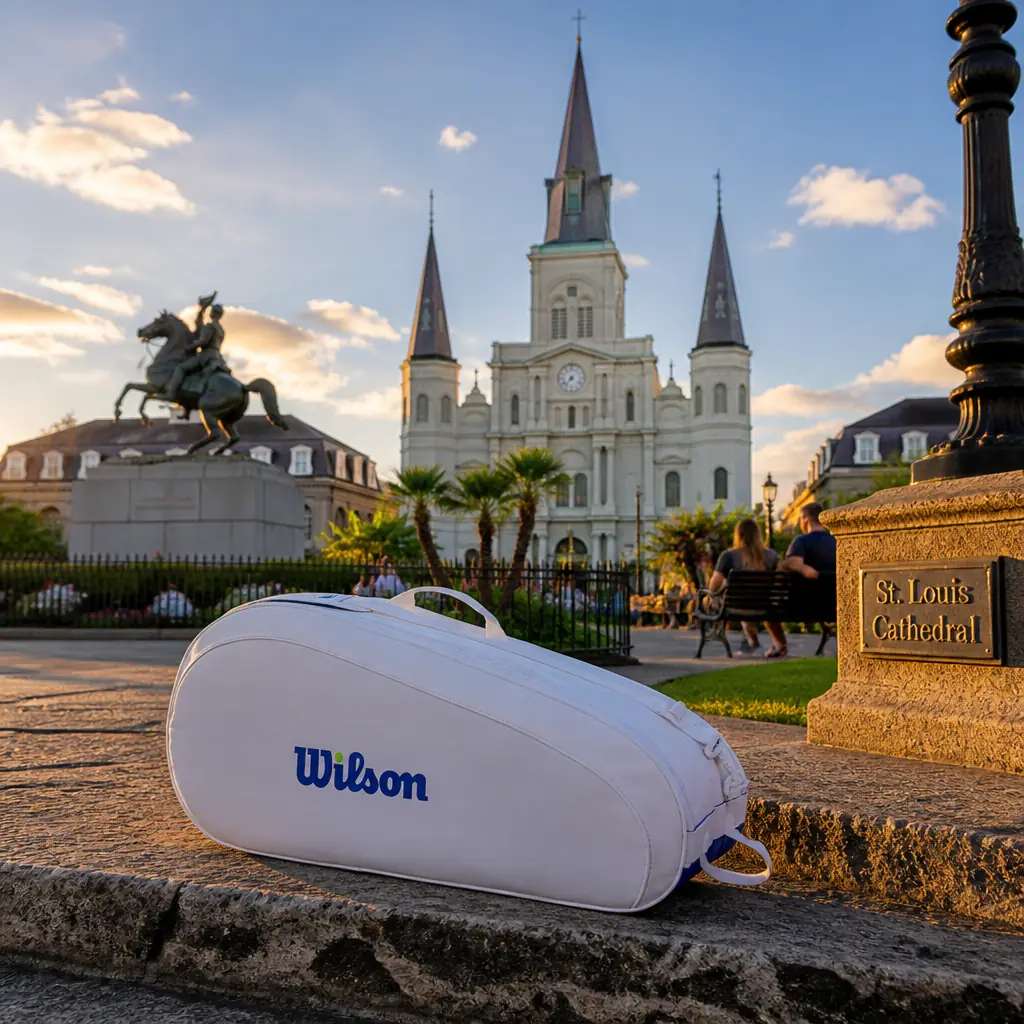 cardiovascular tennis classes in 33327 — St. Louis Cathedral in New Orleans, A white stuccoed cathedral with three slate-covered spires and a clock face, facing a green square with an equestrian statue, framed by matching red-brick rowhouses
