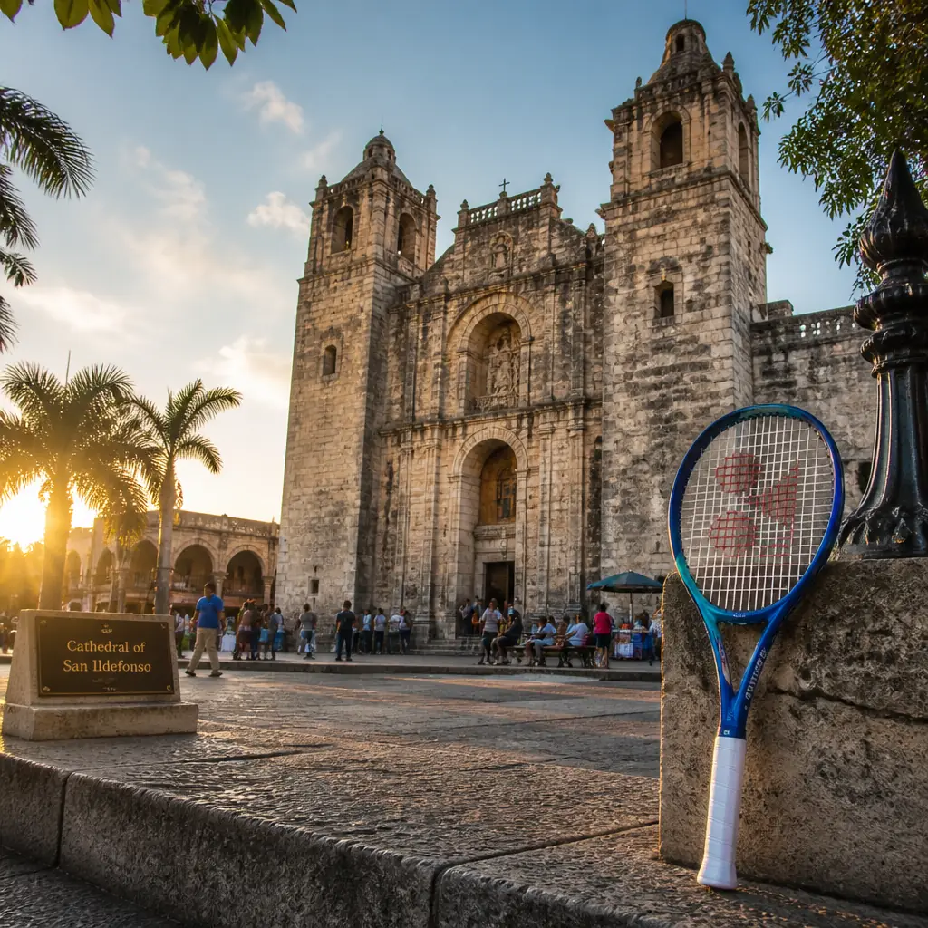 cardiovascular tennis classes in 33332 — Cathedral of San Ildefonso in Mérida, A severe grey limestone cathedral with two squat towers and a fortress-like facade, its vast bare interior holding a very tall dark crucifix above the altar