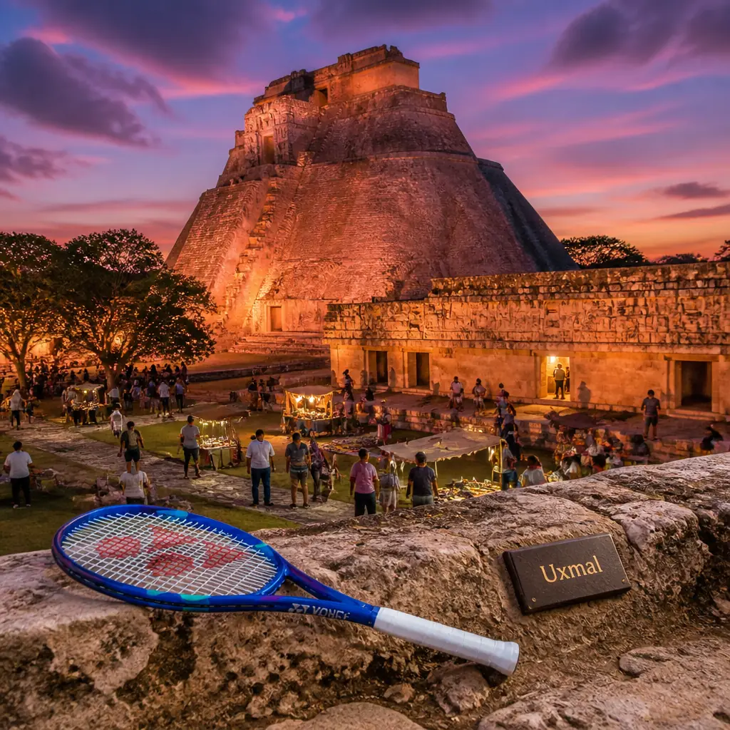cardiovascular tennis classes in 33332 — Uxmal in Mérida, A tall rounded-corner pyramid of pale limestone rising steeply from jungle, beside courtyards of long low palaces whose upper walls are covered in stone lattice and hook-nosed masks