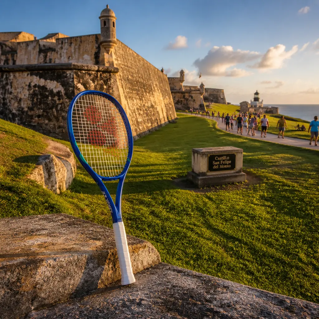 cardiovascular tennis classes in 33351 — Castillo San Felipe del Morro in San Juan, A six-level grey fortress on a headland above the Atlantic, its curved sentry boxes projecting from massive walls over a wide green field and lighthouse