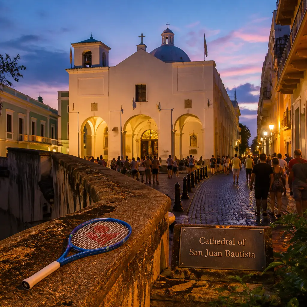cardiovascular tennis classes in 33351 — Cathedral of San Juan Bautista in San Juan, A white cathedral with a triple-arched entrance and a small dome on a narrow blue-cobbled street, its pale vaulted interior holding a marble tomb and a glass-cased relic
