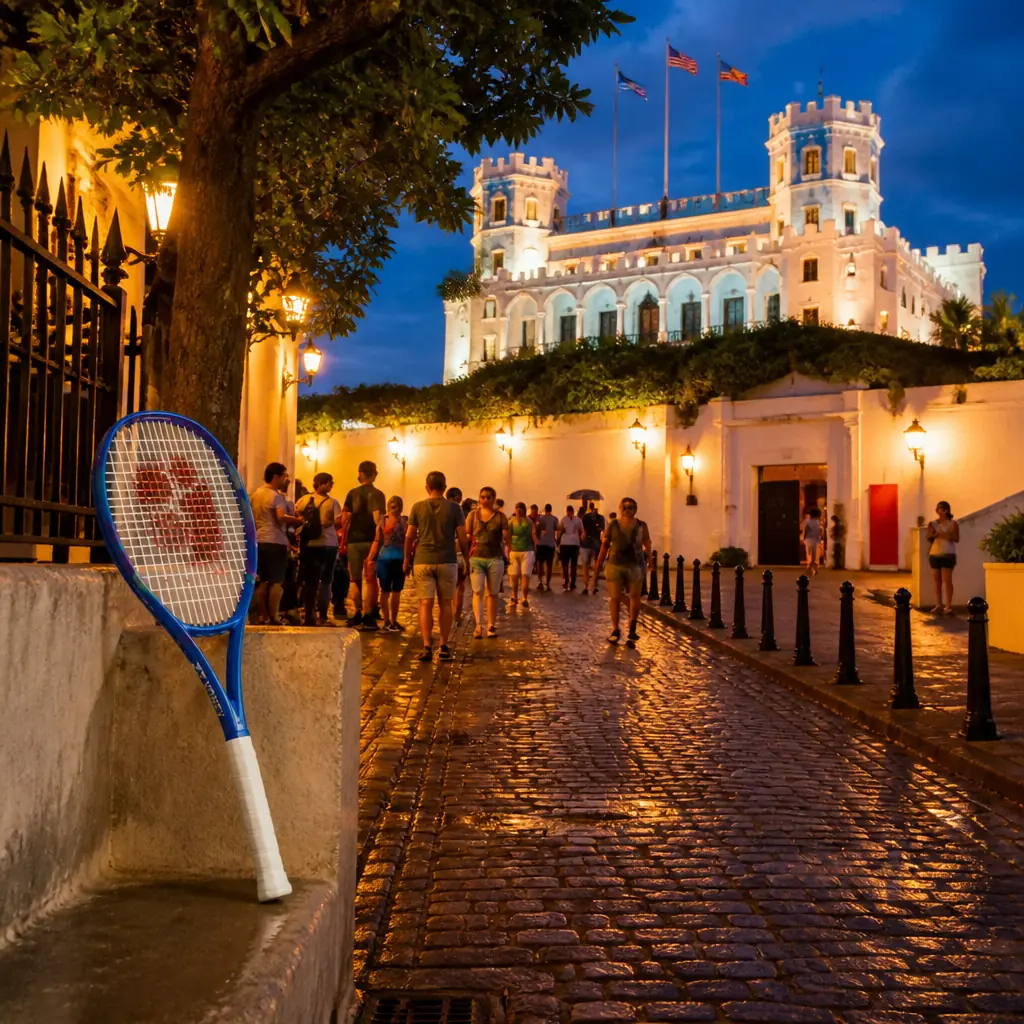 cardiovascular tennis classes in 33351 — La Fortaleza in San Juan, A white and blue palace with crenellated towers and arcaded galleries behind a walled garden, standing above the bay at the end of a narrow cobbled street